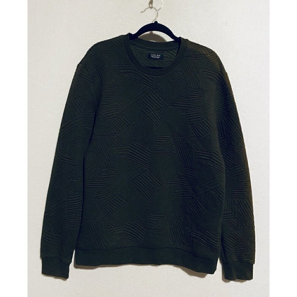 Zara Man Sweatshirt Mens XL Dark Green Geometric Textured Crew Neck Pullover